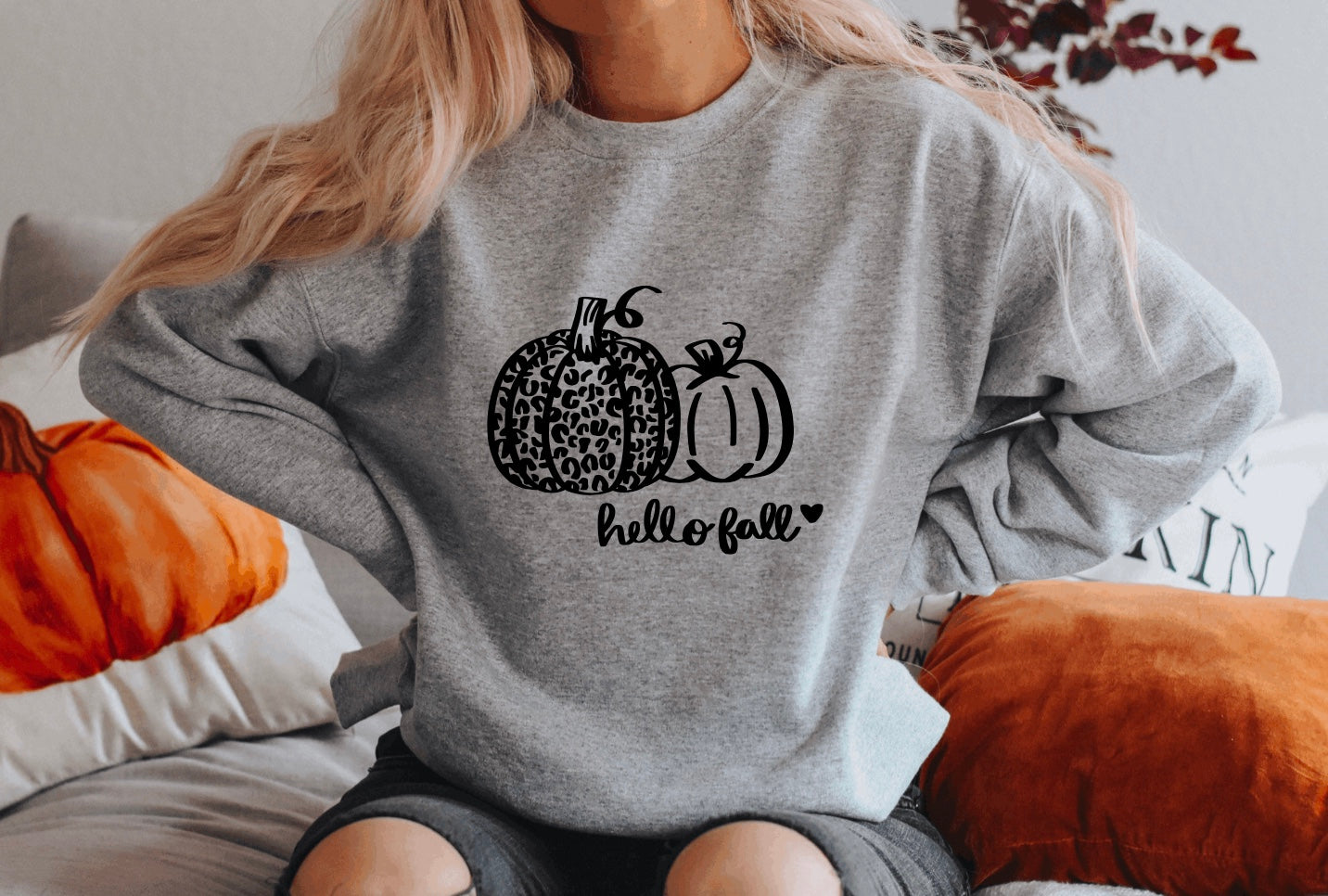 Hello Fall leopard pumpkin Fall Crewneck Sweatshirt