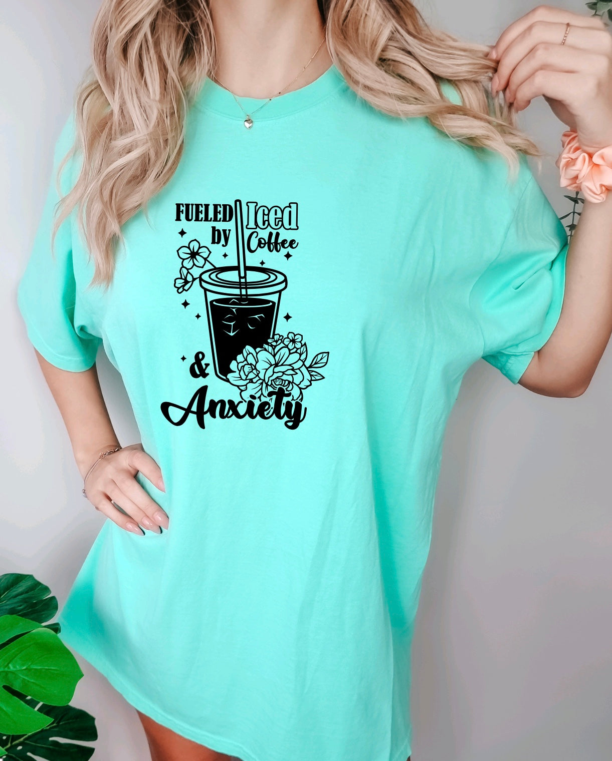 Fueled by iced coffee and anxiety comfort colors unisex t-shirt for women in island reef