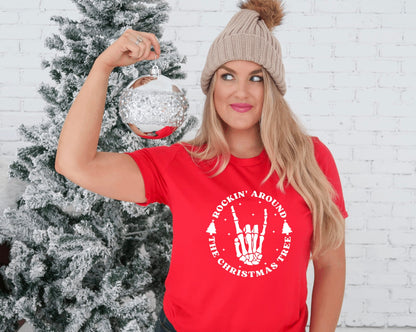 Rockin around the Christmas tree skeleton hand unisex Christmas t-shirt in red