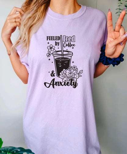 Fueled by iced coffee and anxiety comfort colors unisex t-shirt for women in orchid 