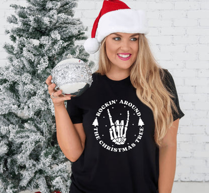 Rockin around the Christmas tree skeleton hand unisex Christmas t-shirt in black