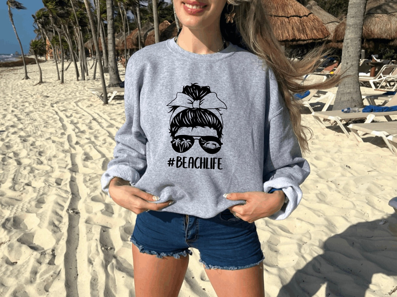 Beach life messy bun crewneck sweatshirt 
