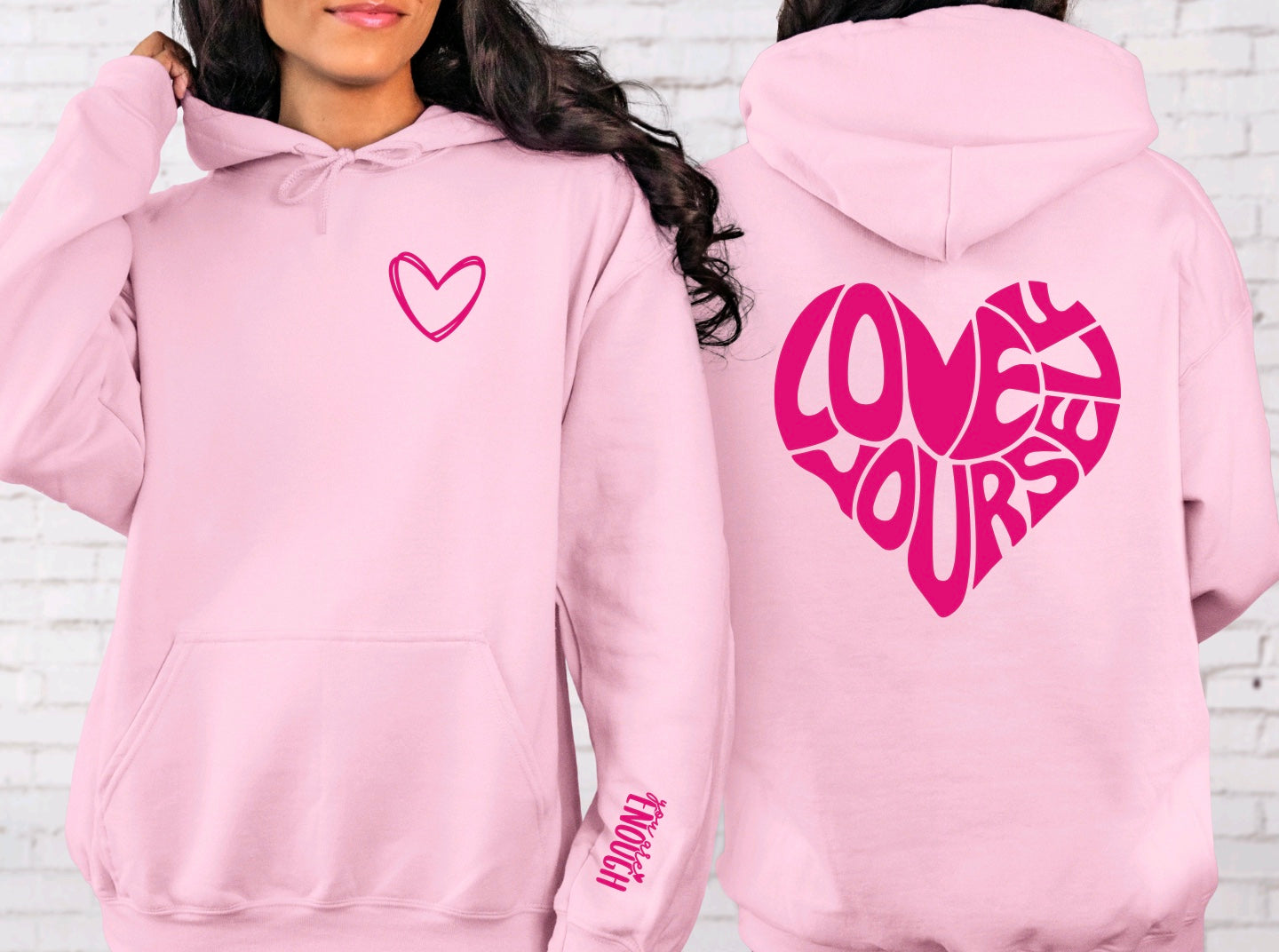 Love yourself unisex hoodie with sleeve design in pink with pink graphic 