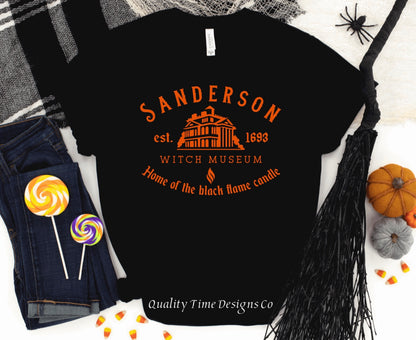 Sanderson witch museum home of the black flame candle t-shirt 