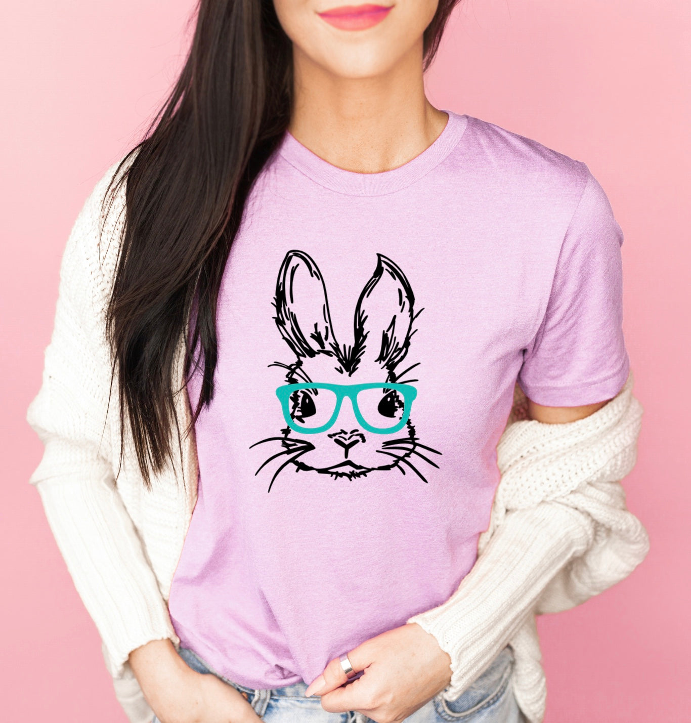 Bunny with customizable glasses unisex t-shirt for women in heather prism lilac
