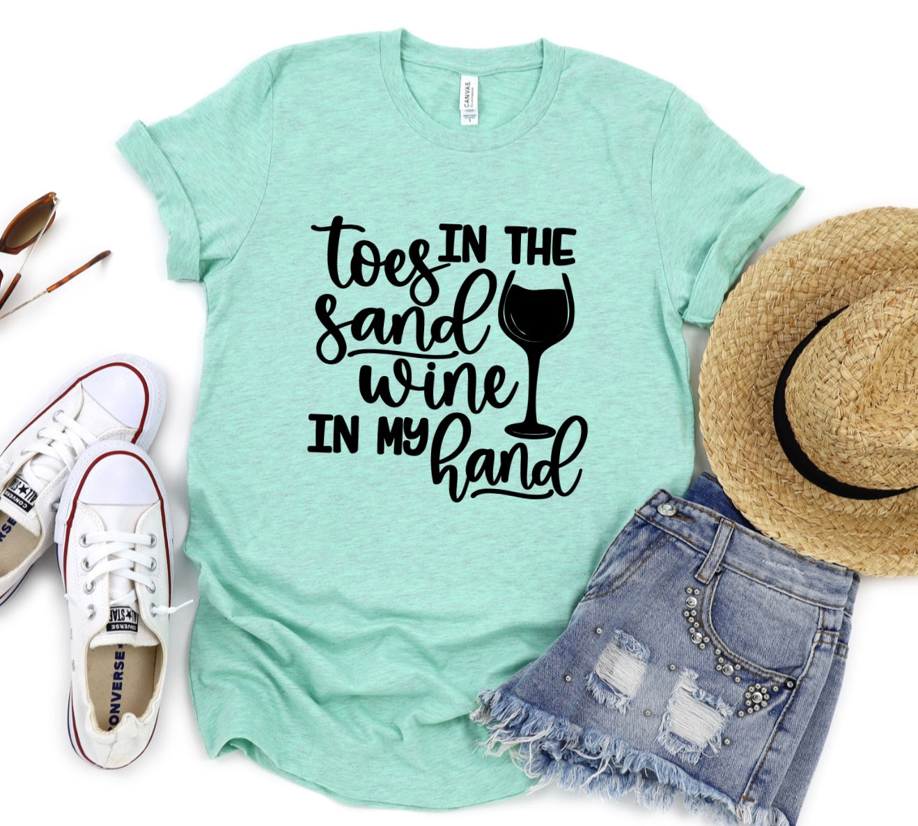 Toes in the sand wine in my hand t-shirt 