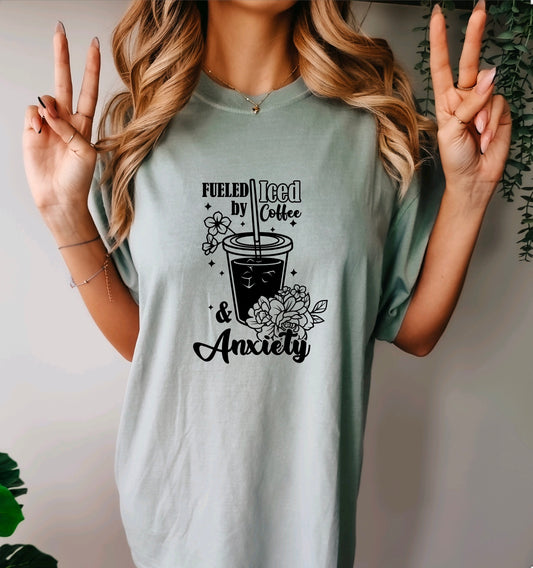 Fueled by iced coffee and anxiety comfort colors unisex t-shirt for women in bay