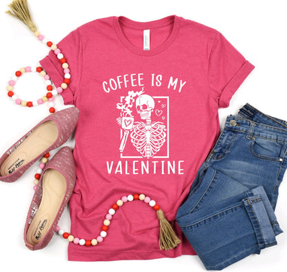 Coffee is my Valentine- skeleton valentine unisex t-shirt in heather raspberry 