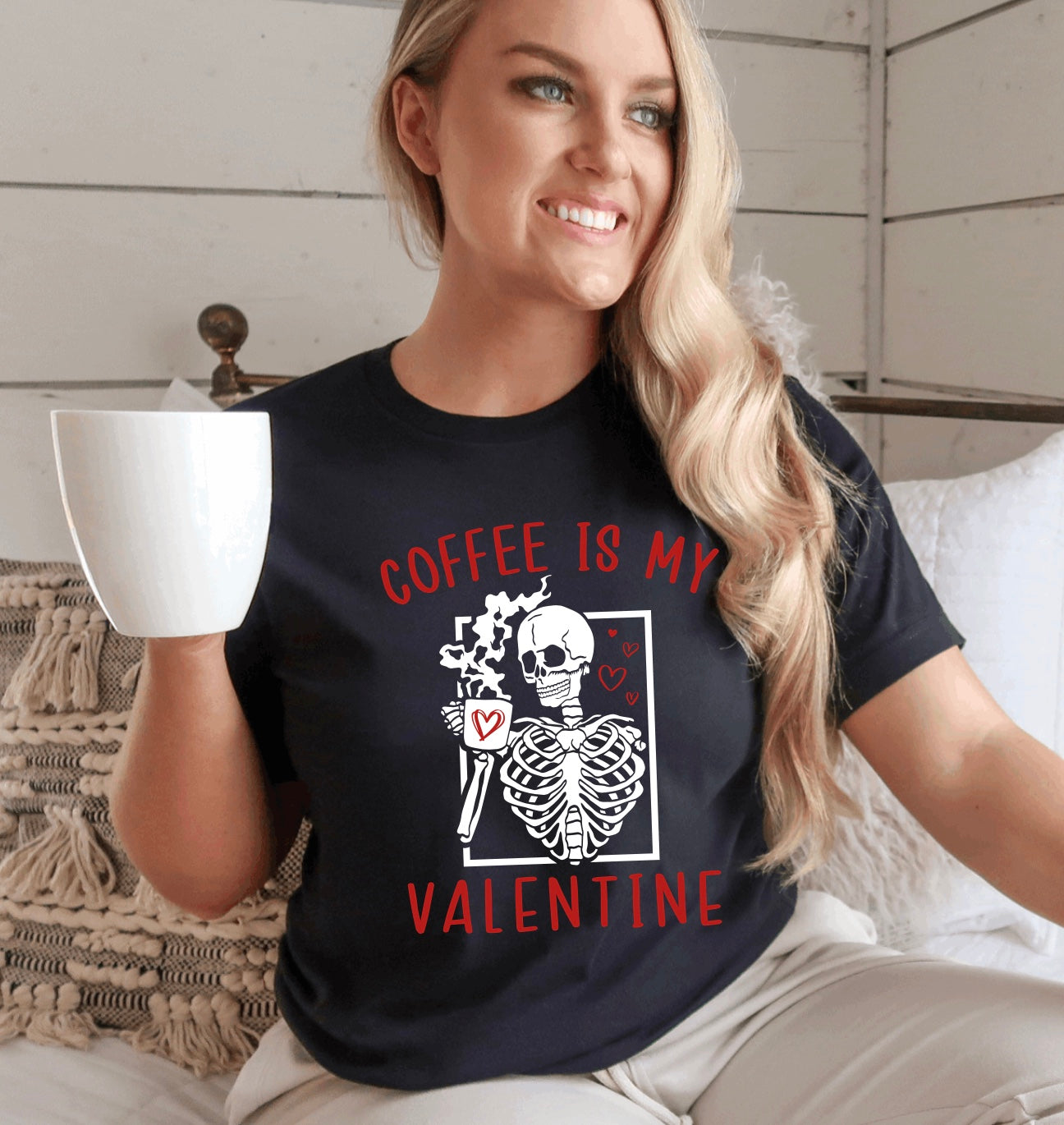 Coffee is my Valentine- skeleton valentine unisex t-shirt in black