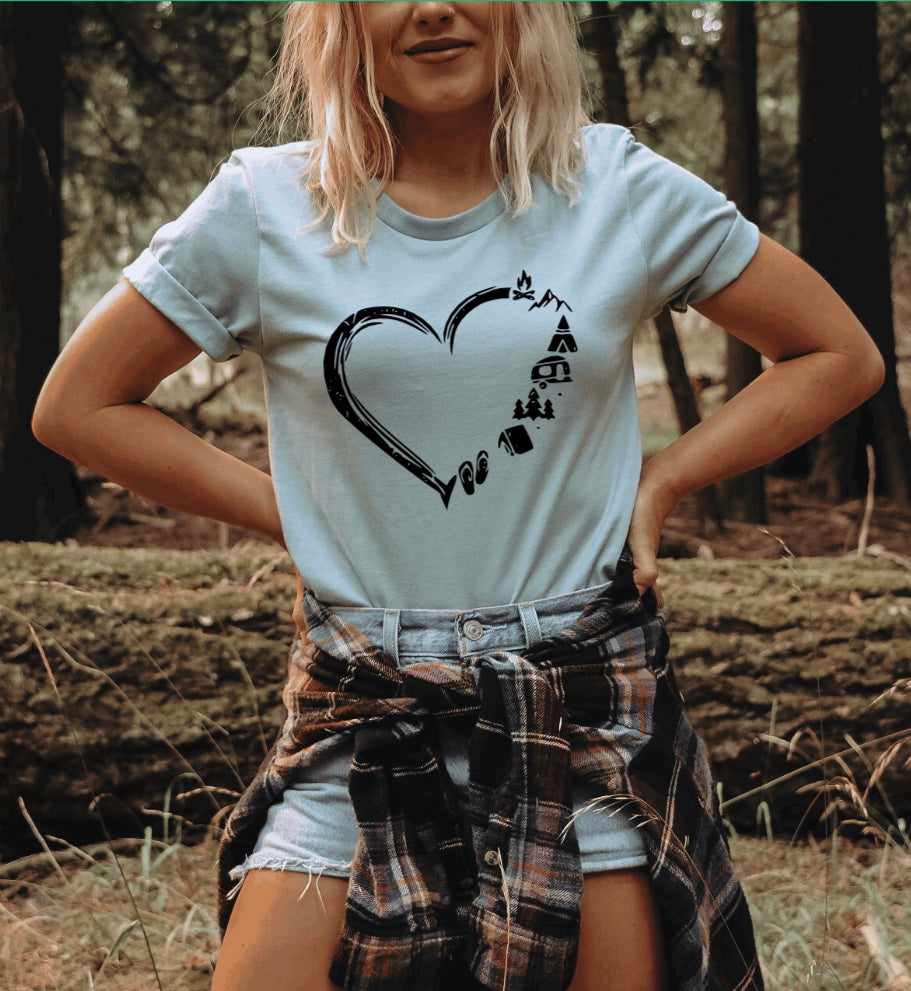 Camping heart I love camping unisex t-shirt for women in heather dusty blue 