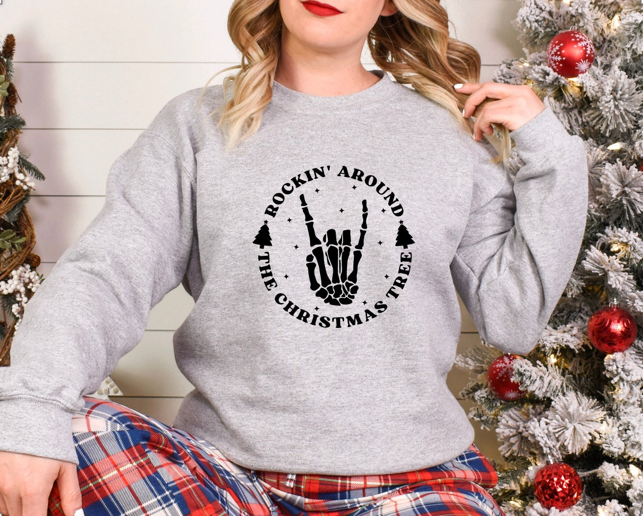 Rockin around the Christmas tree skeleton hand unisex crewneck sweatshirt in grey 
