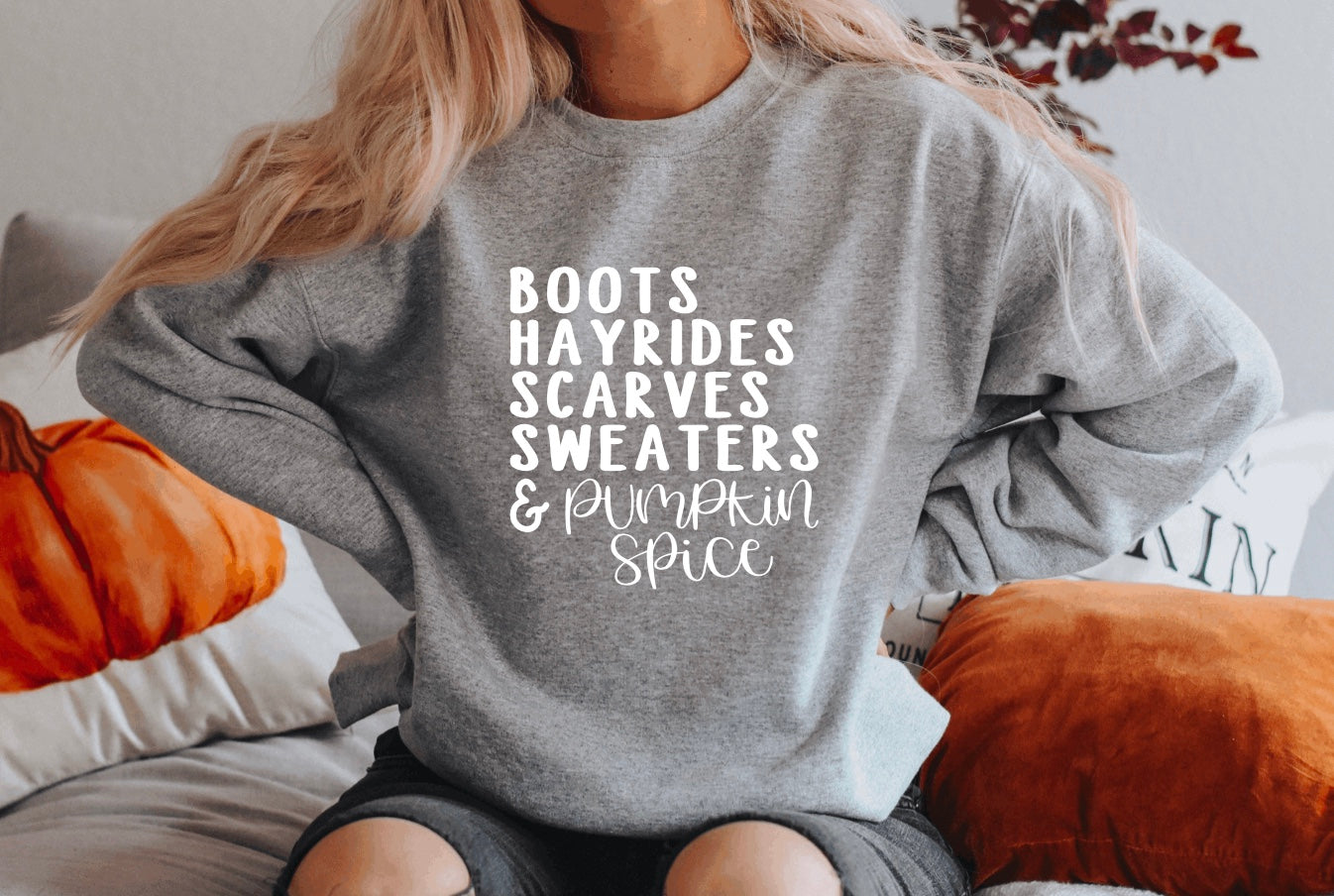 boots hayrides sweaters and pumpkin spice crewneck sweatshirt