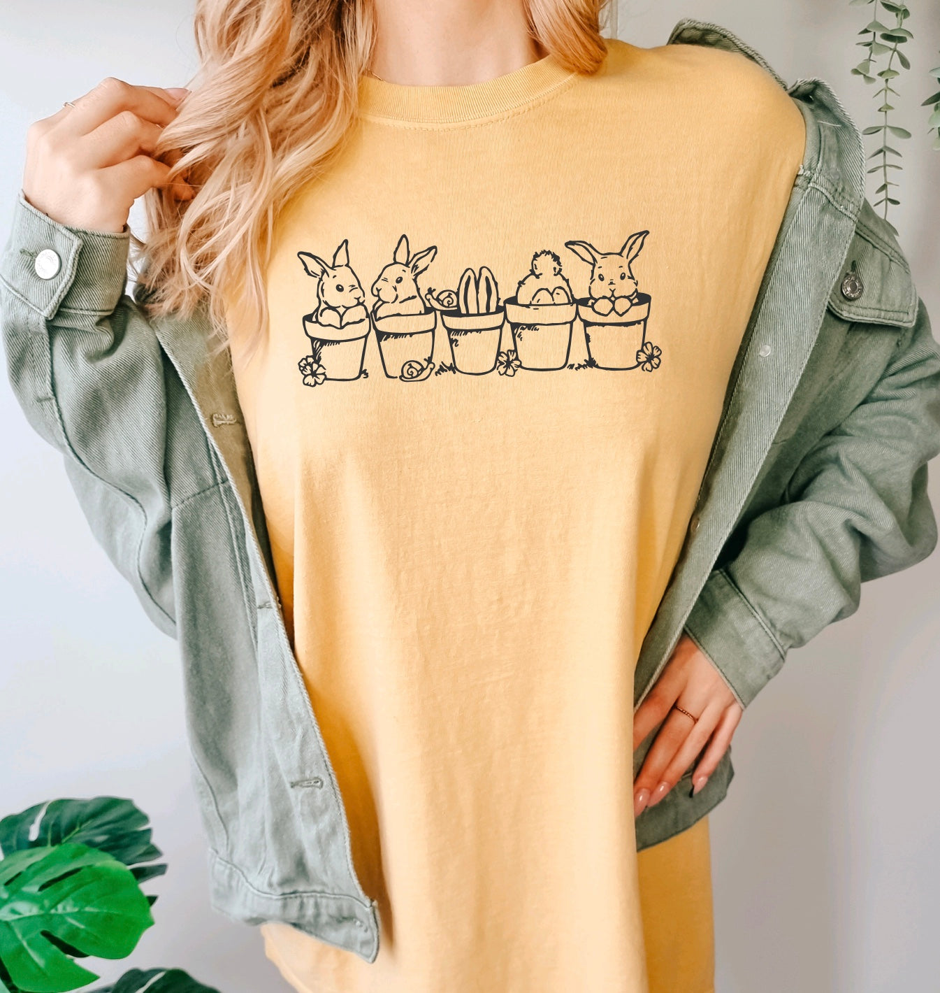 Bunnies in flower pots comfort colors Easter t-shirt for women in mustard