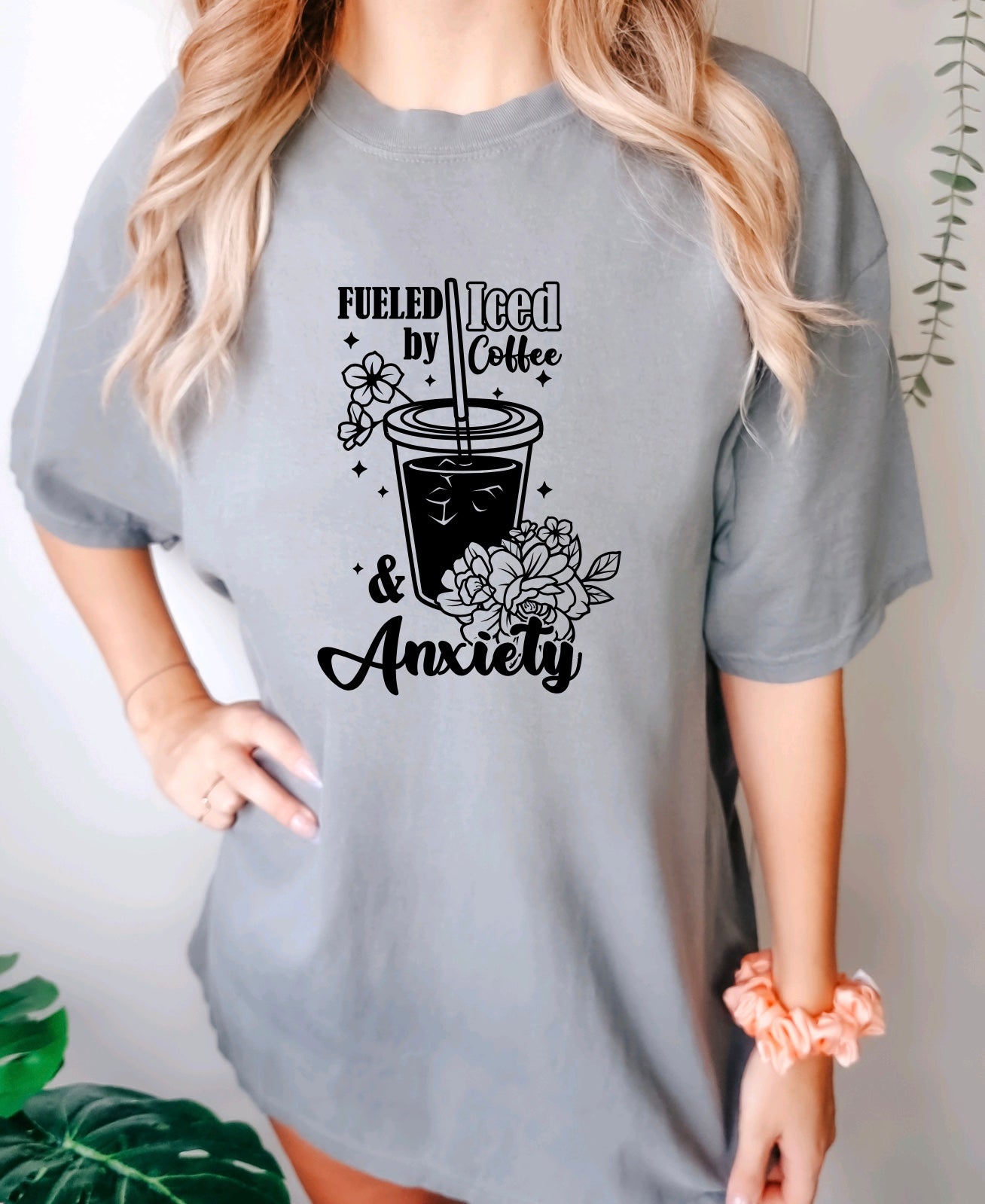 Fueled by iced coffee and anxiety comfort colors unisex t-shirt for women in grey