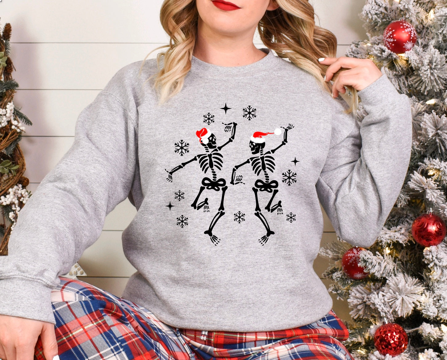 Dancing skeletons with Santa hats Christmas unisex crewneck sweatshirt in grey