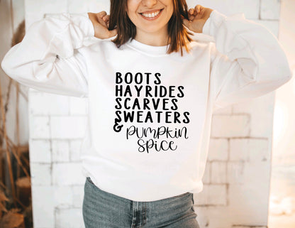 boots hayrides sweaters and pumpkin spice crewneck sweatshirt