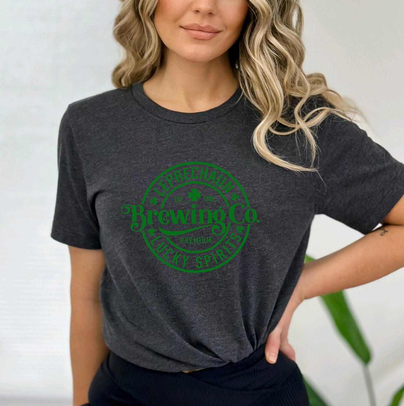 Leprechaun brewing company st patty’s day unisex t-shirt for women in heather dark grey
