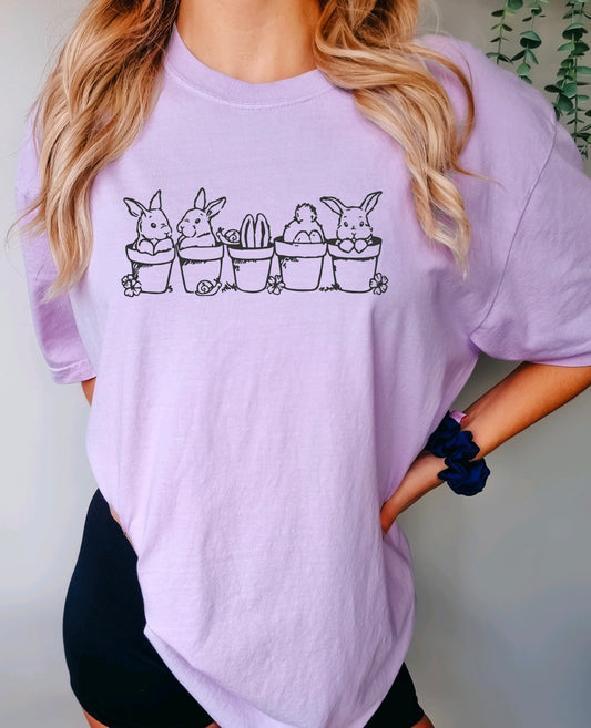Bunnies in flower pots comfort colors Easter t-shirt for women in orchid 