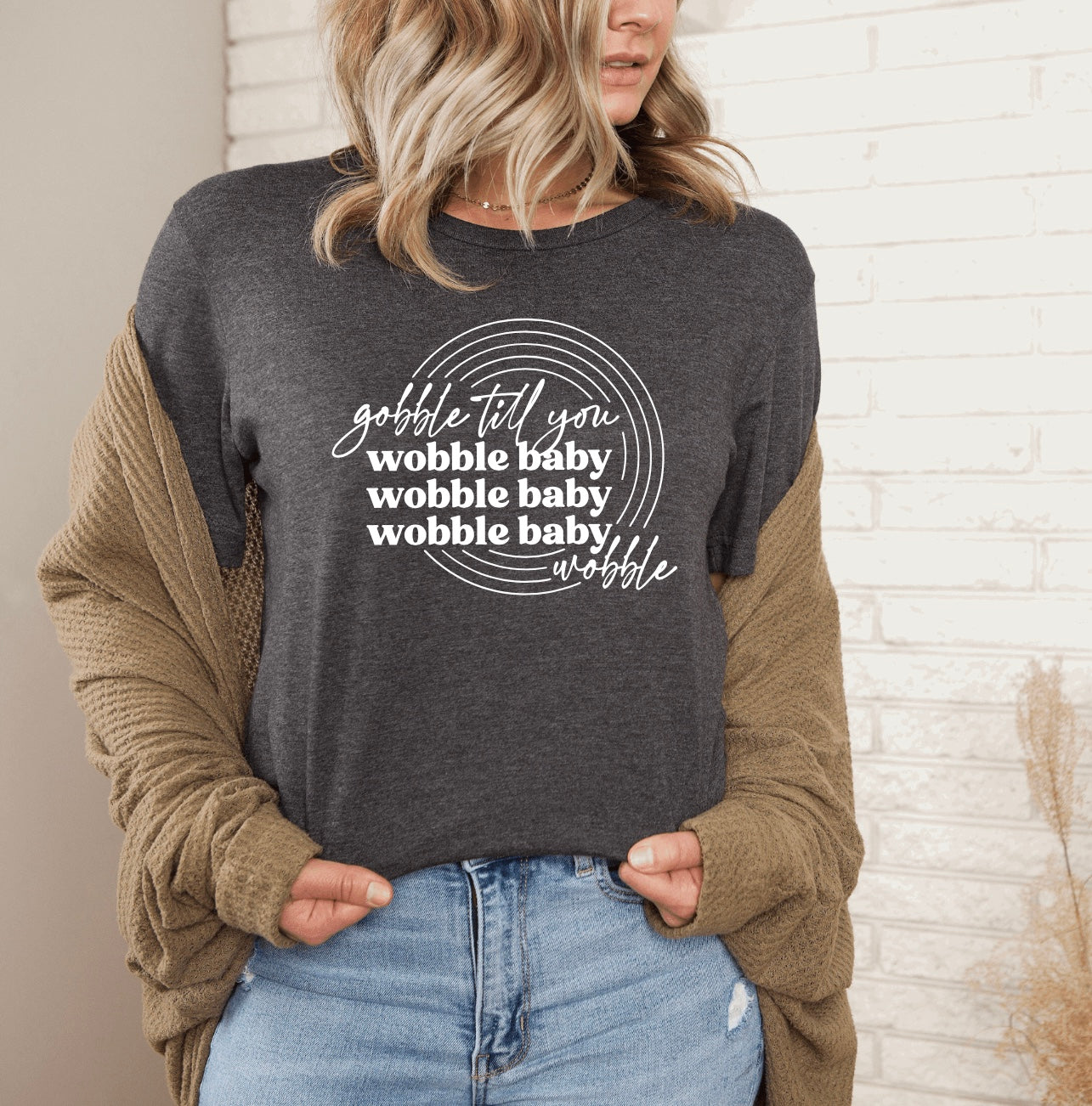Gobble til you wobble baby | Thanksgiving t-shirt in heather dark grey