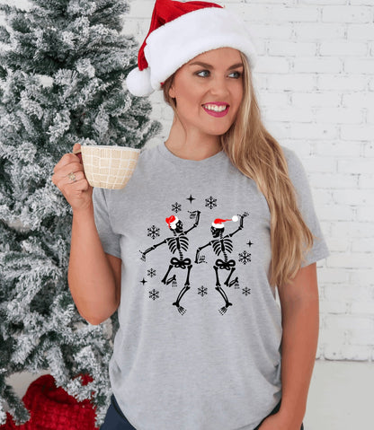 Dancing skeletons with Santa hats unisex Christmas t-shirt in grey
