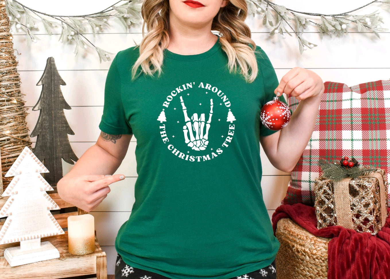 Rockin around the Christmas tree skeleton hand unisex Christmas t-shirt in green