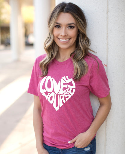 Love yourself Valentines Day unisex t-shirt for women in heather raspberry 