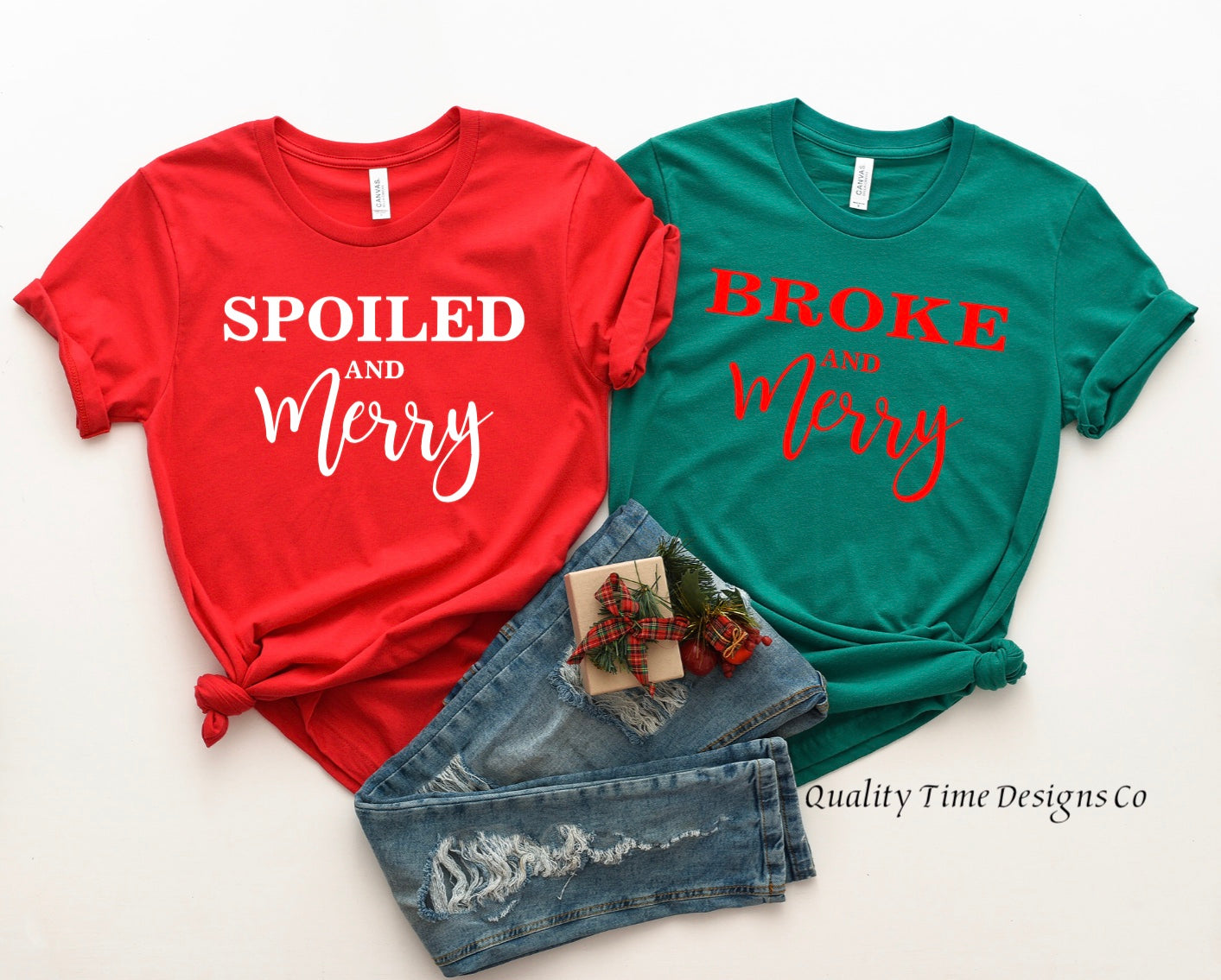 Spoiled and Merry or Broke and Merry- Matching Couples Christmas shirt