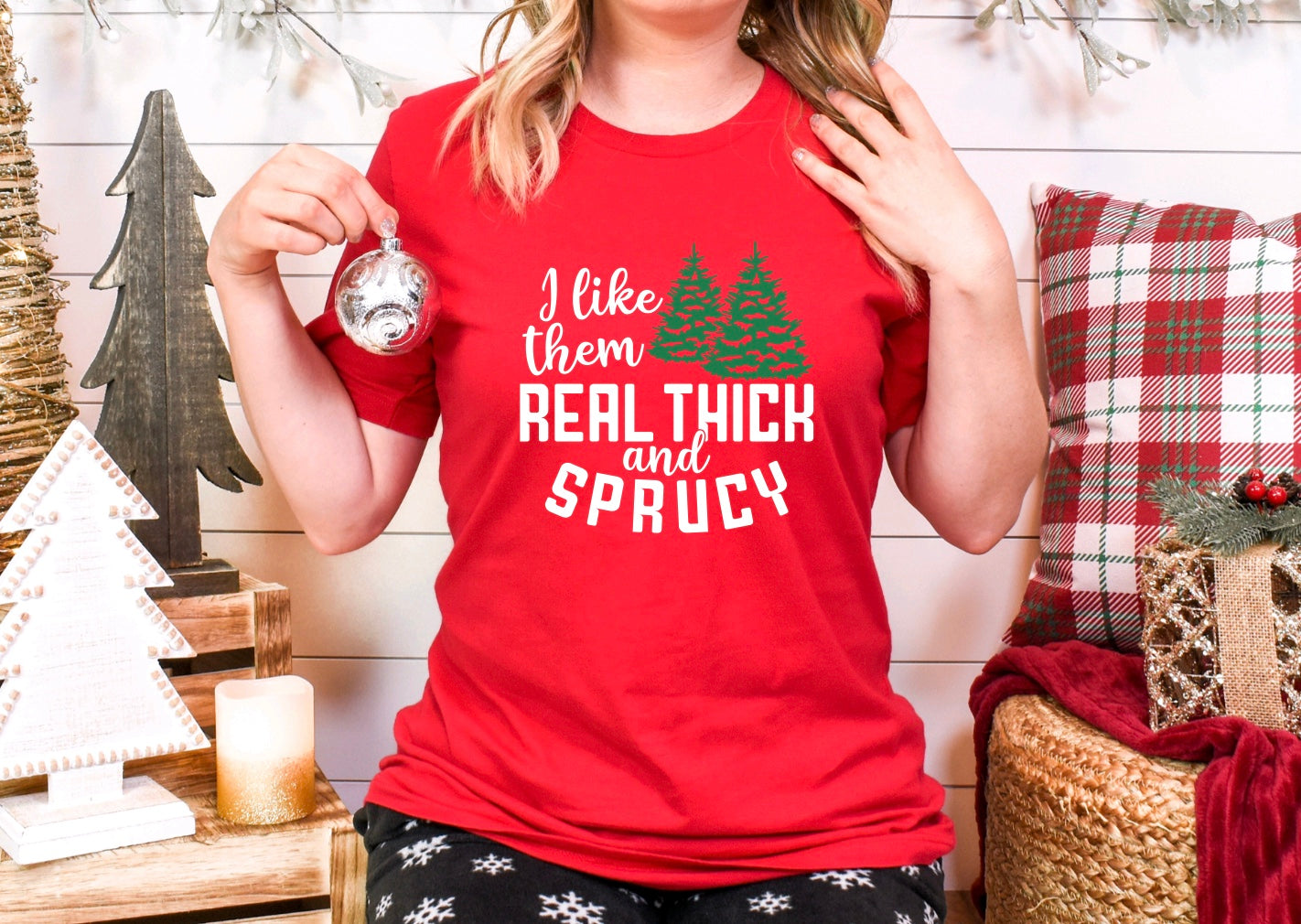I like them real thick and sprucy unisex Christmas t-shirt for women in red