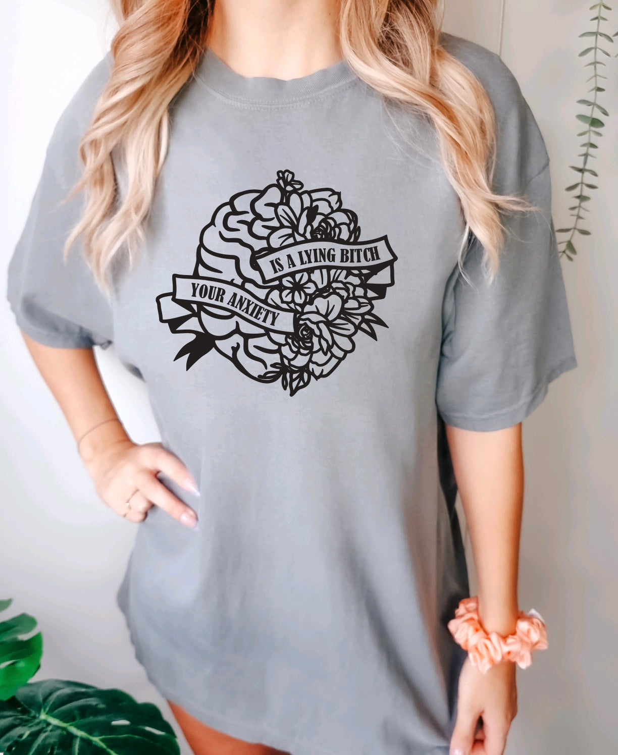 Your anxiety is a lying bitch comfort colors t-shirt with floral brain design in light grey