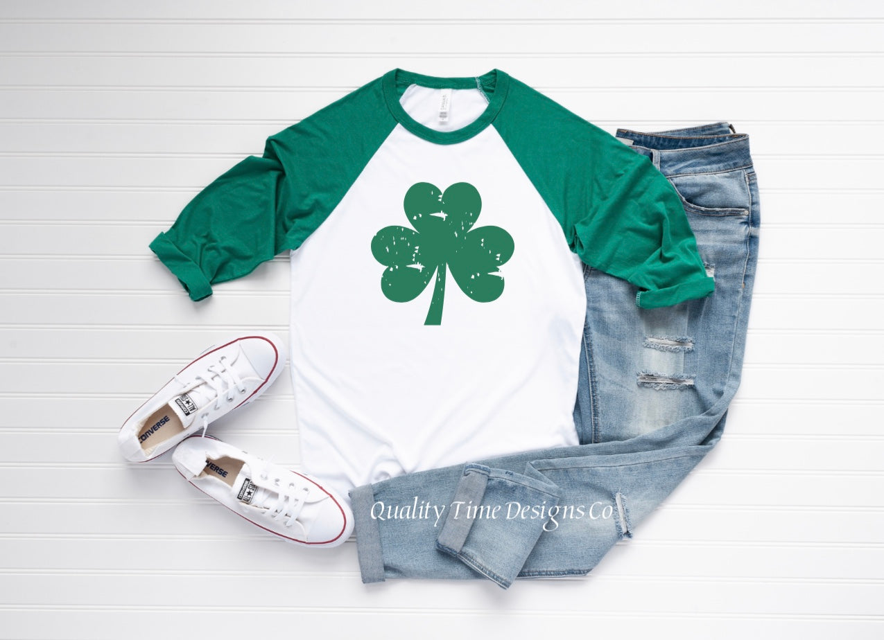 Shamrock four leaf clover st Patrick’s day green and white raglan t shirt