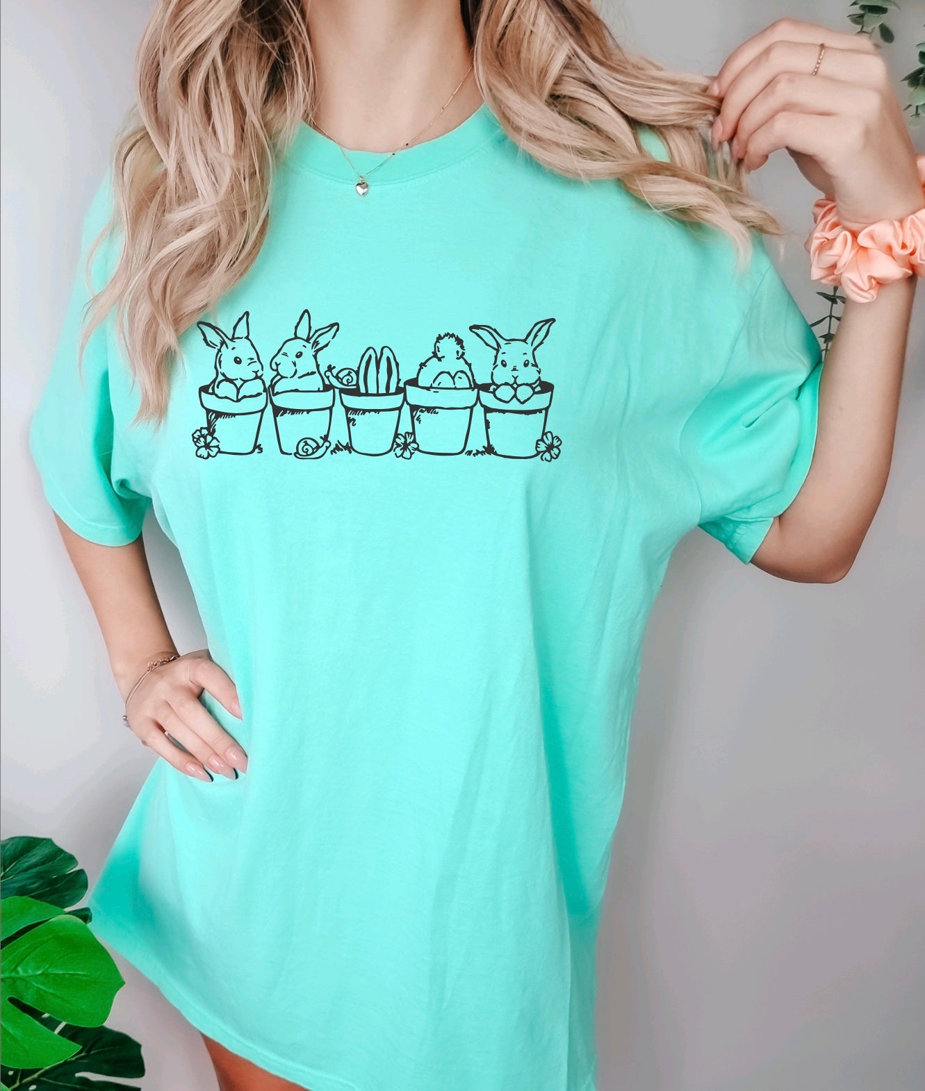 Bunnies in flower pots comfort colors Easter t-shirt for women in island reef
