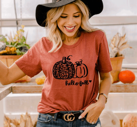 Hello fall leopard pumpkin t-shirt 