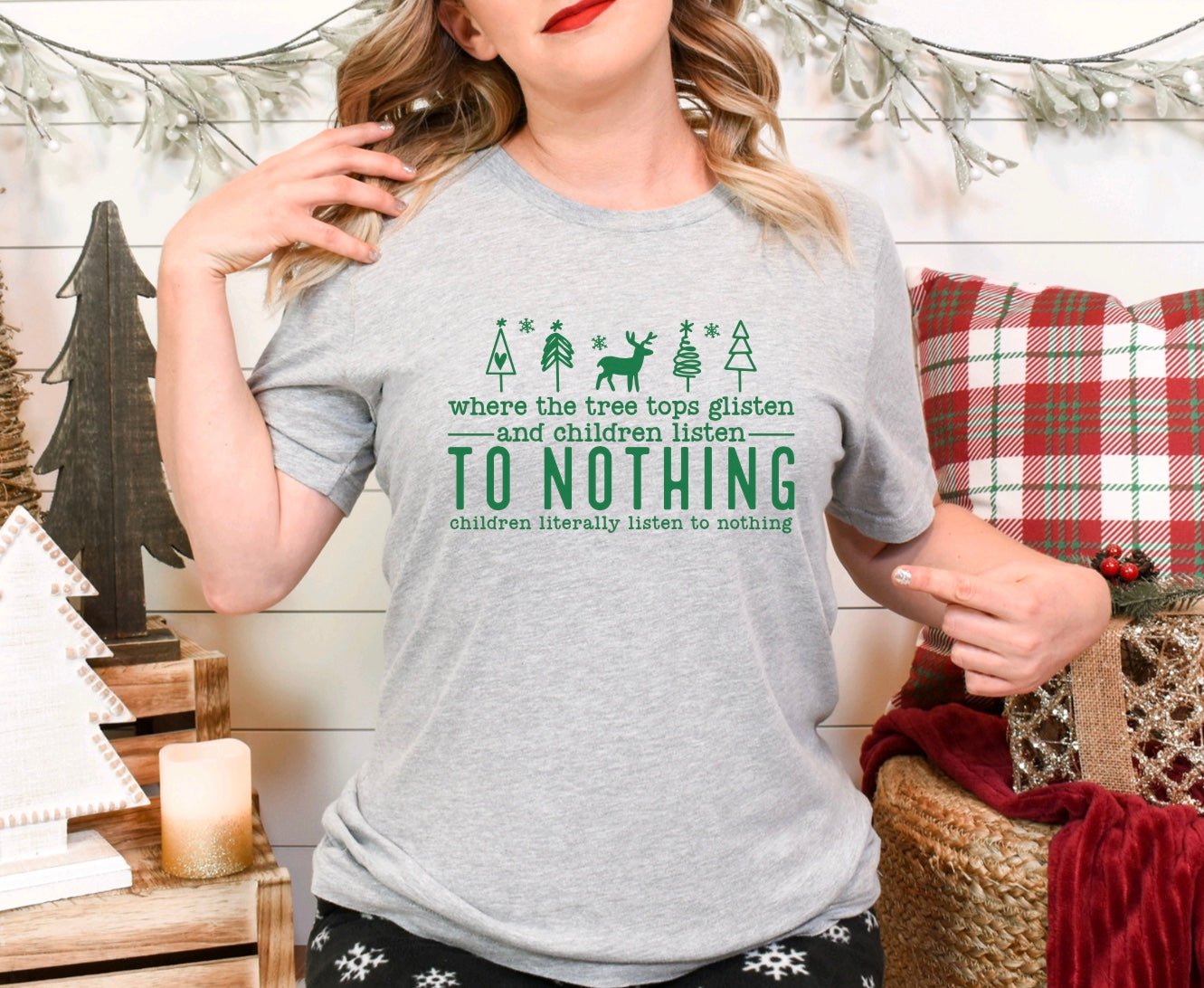 Where the tree tops glisten and children listen to nothing children literally listen to nothing- unisex t-shirt  in grey