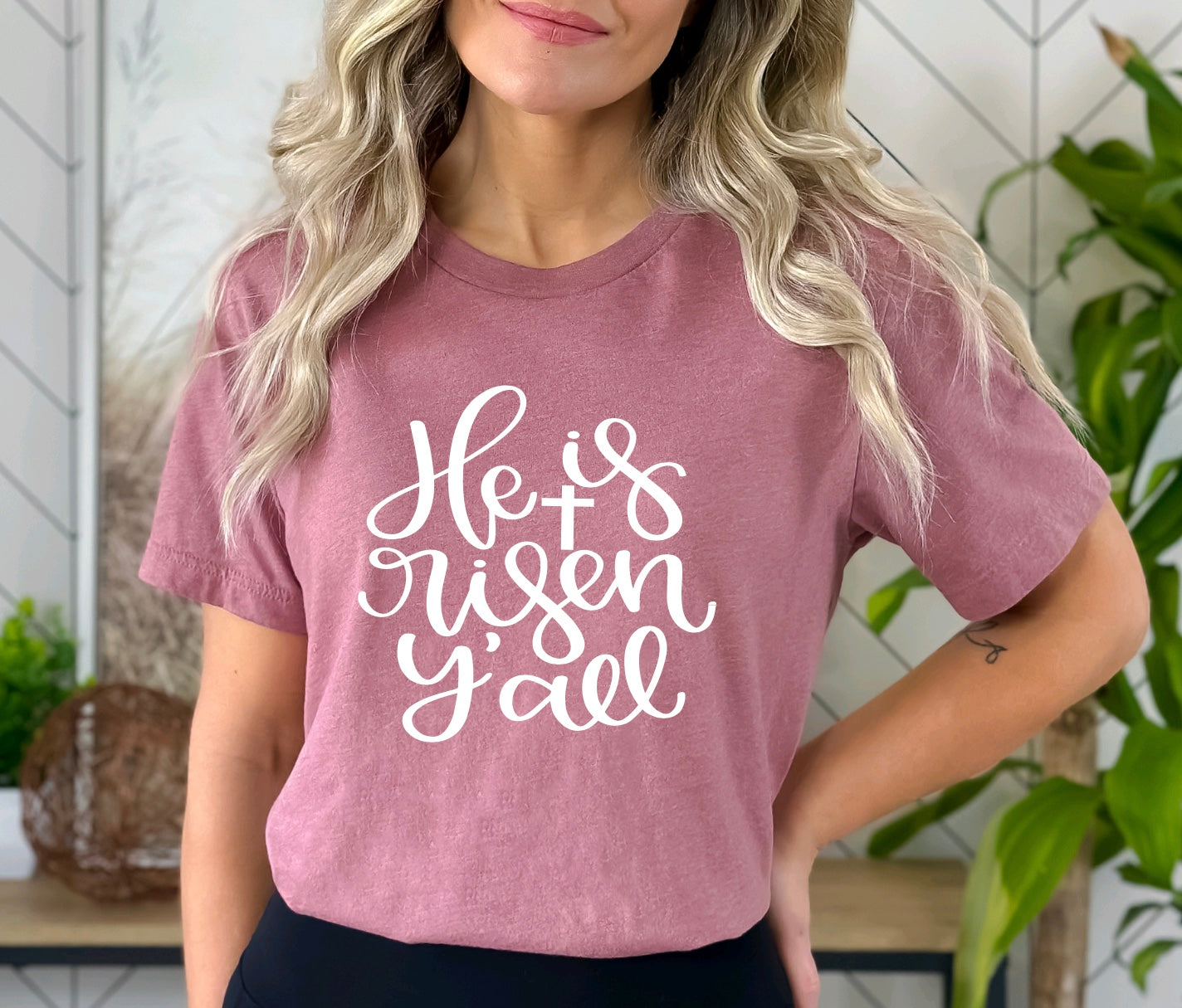 He is Risen Y'all Easter t-shirt for women in heather mauve