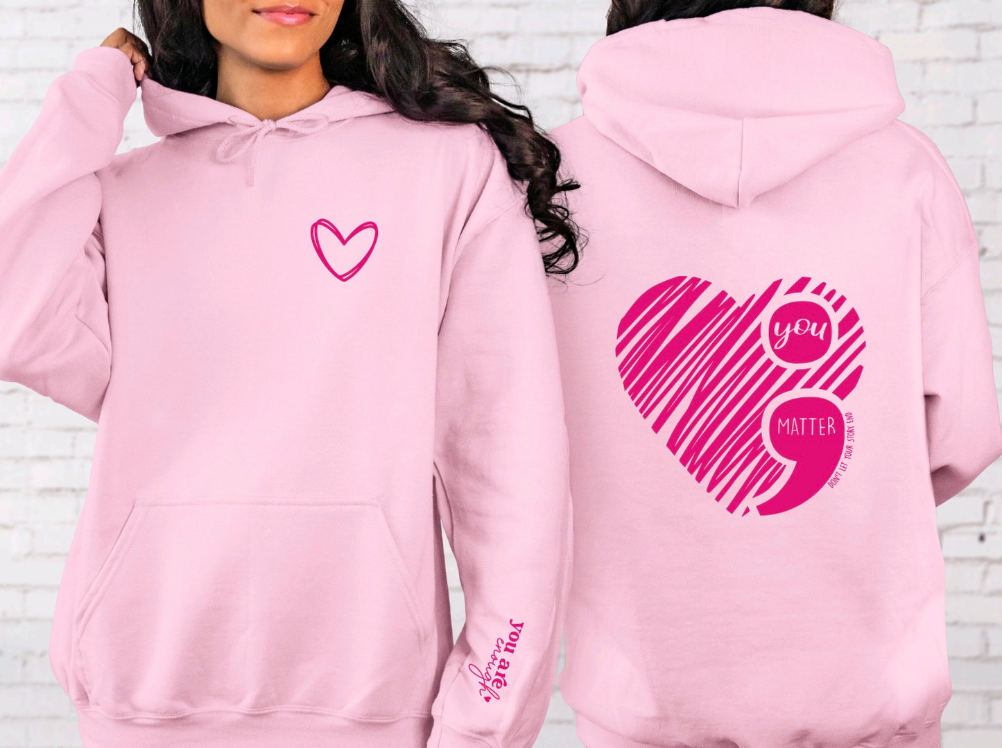 You matter- semi colon suicide prevention unisex hoodie in pink with sleeve graphic 