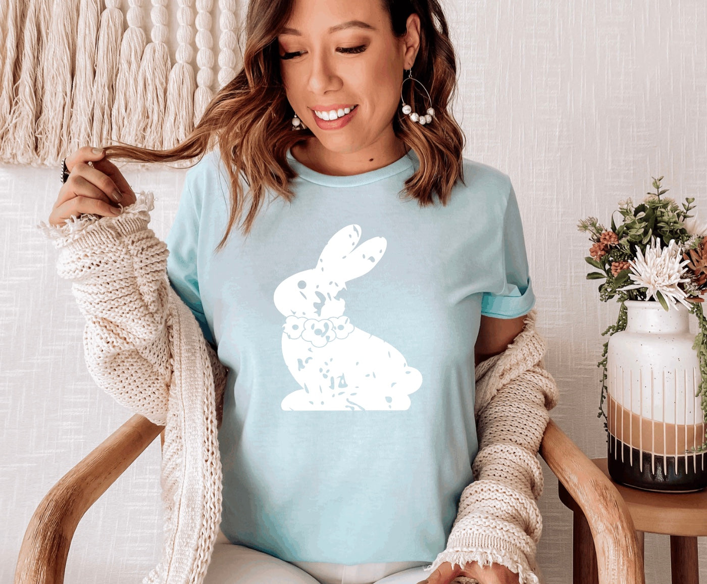 Distressed bunny Easter t-shirt for women in heather ice blue