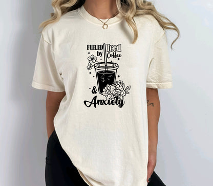 Fueled by iced coffee and anxiety comfort colors unisex t-shirt for women in ivory