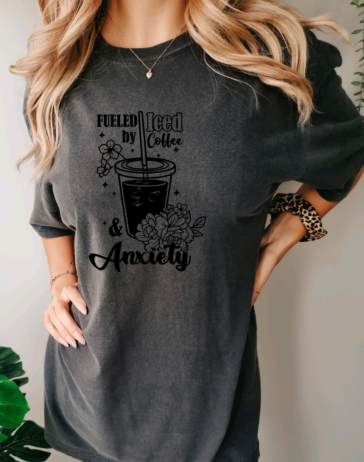 Fueled by iced coffee and anxiety comfort colors unisex t-shirt for women in pepper