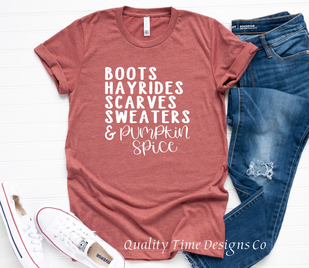 Boots hayrides scarves sweaters and pumpkin spice t-shirt 