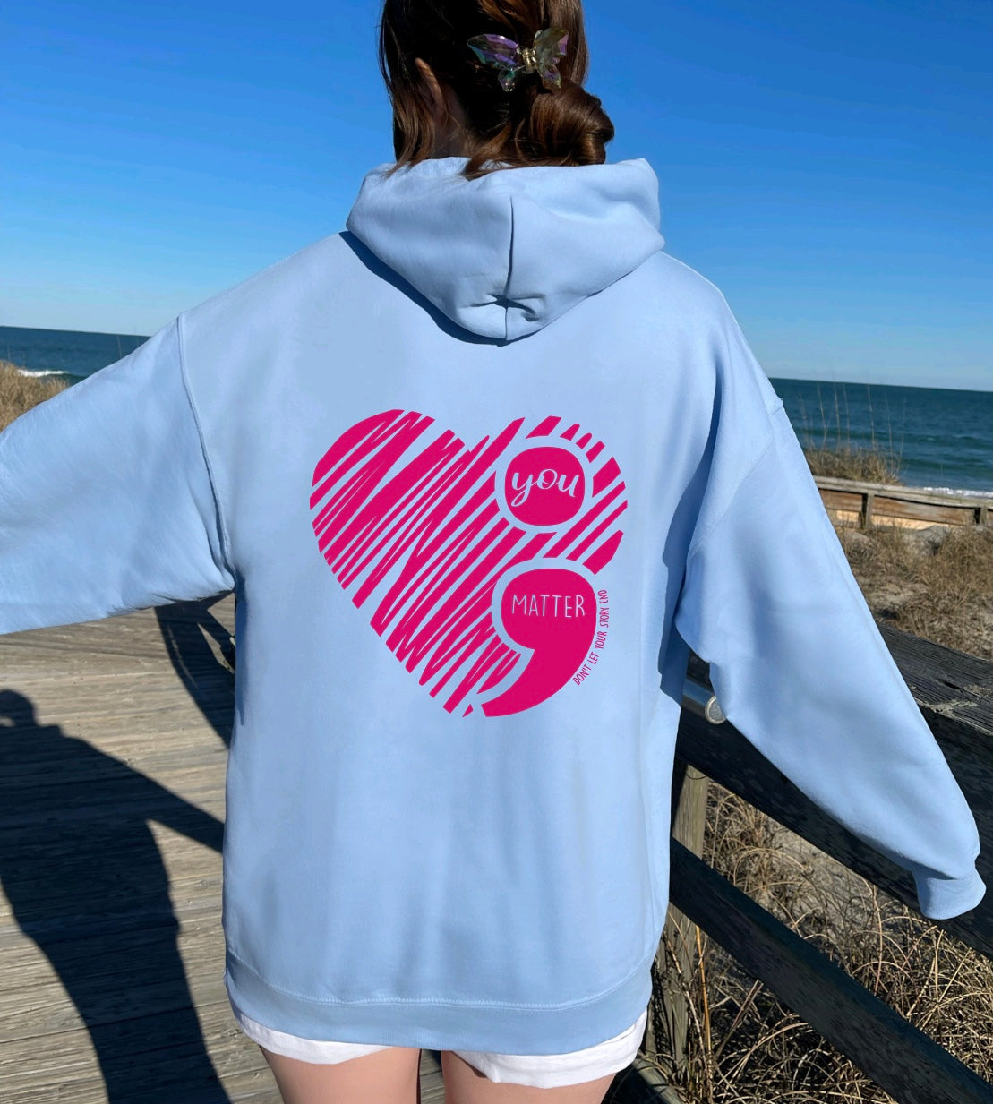 You matter- semi colon suicide prevention unisex hoodie in light blue with sleeve graphic 