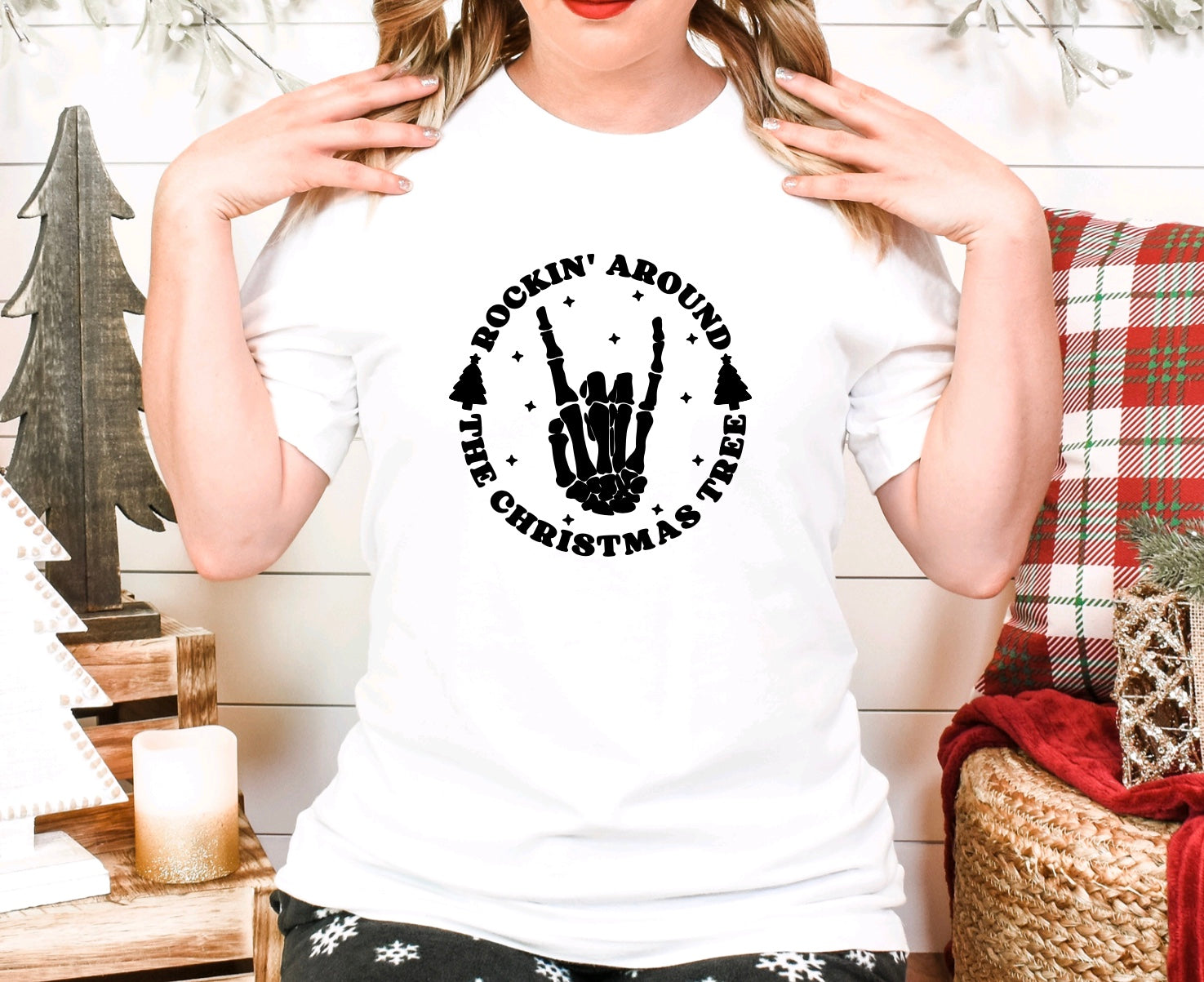 Rockin around the Christmas tree skeleton hand unisex Christmas t-shirt in white
