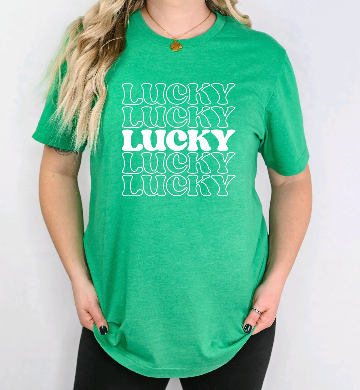 Lucky repeating text st Patrick’s day unisex t-shirt in heather Kelly green