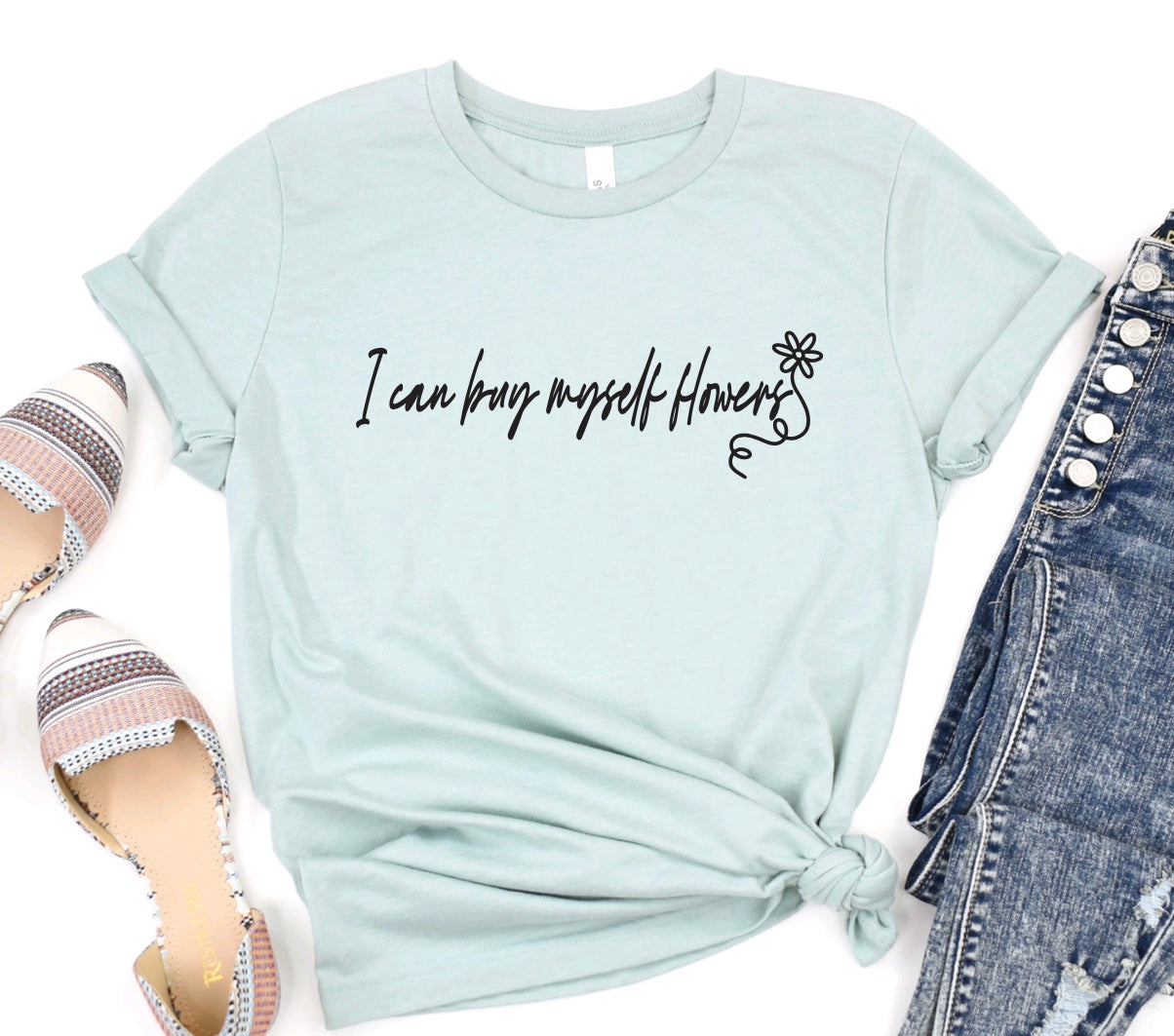 I can buy myself flowers Miley Cyrus minimalist t-shirt for women in heather dusty blue 