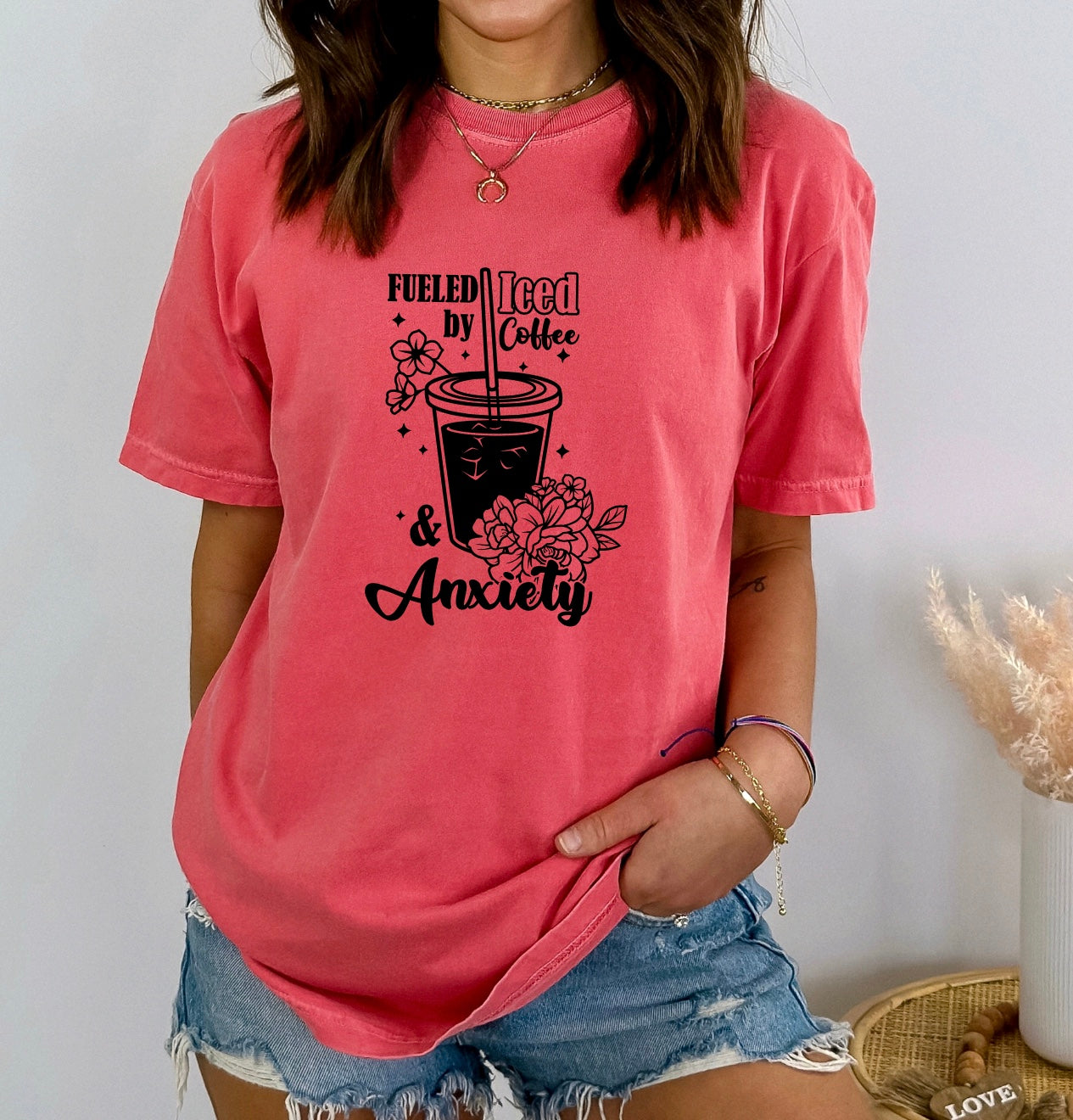 Fueled by iced coffee and anxiety comfort colors unisex t-shirt for women in watermelon 