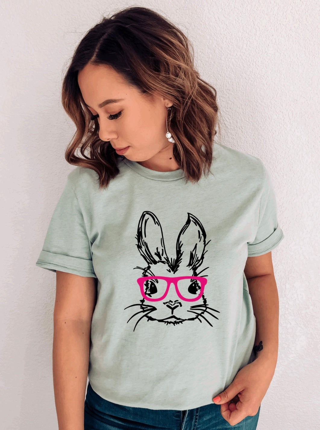 Bunny with customizable glasses unisex t-shirt for women in heather dusty blue