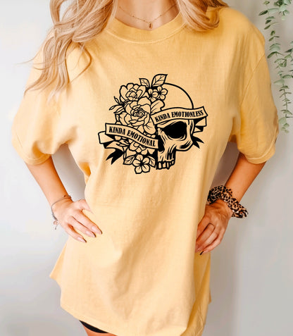 Kinda emotional kinda emotionless comfort colors unisex t-shirt for women in mustard 