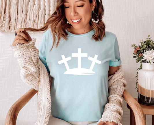 Three crosses Easter t-shirt for women in heather ice blue