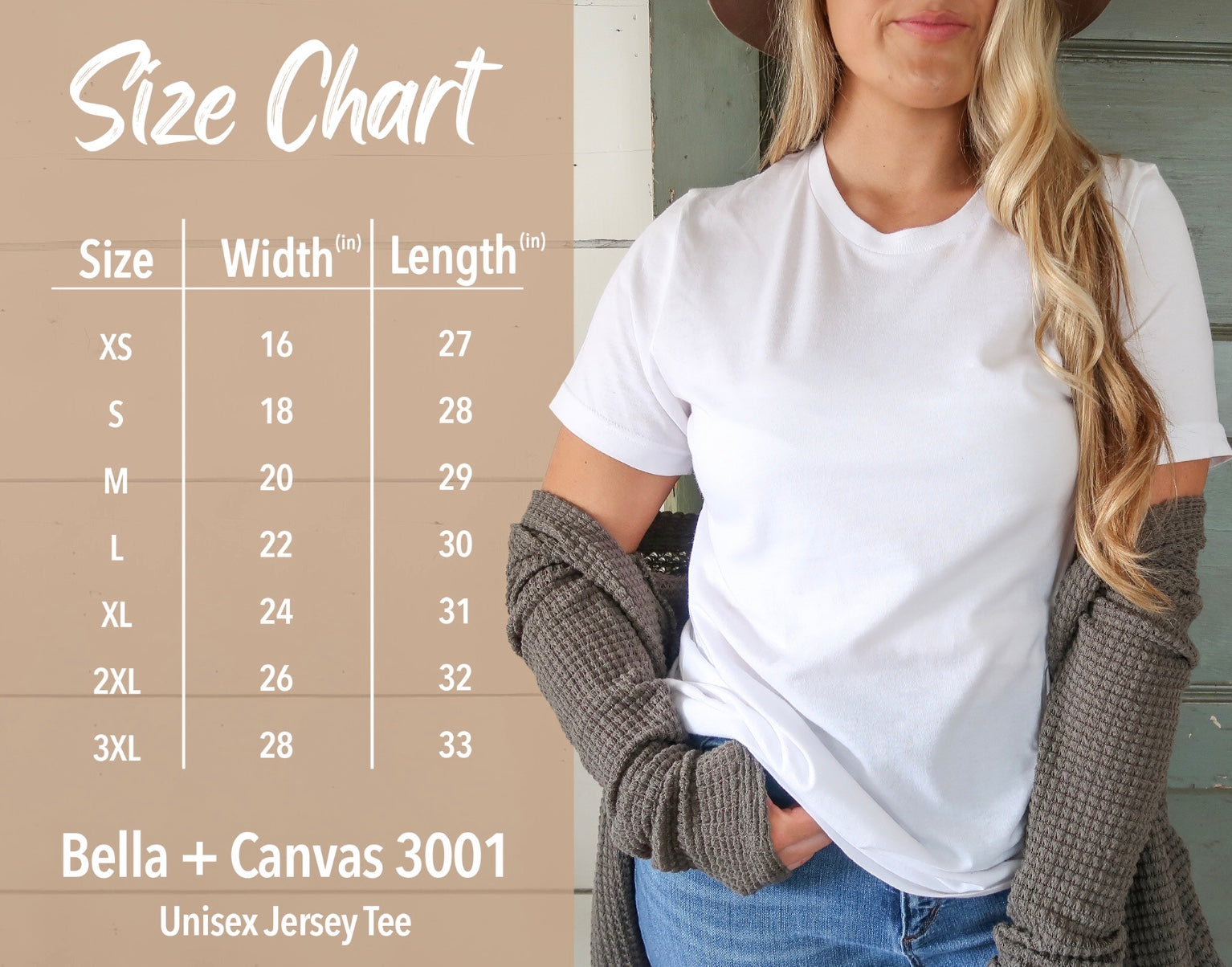 Bella canvas 3001 t-shirt size chart 